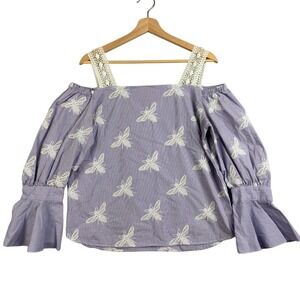 Sandro Paris Stripe Embroidered Bee Purple women's Top Size‎ L off  Shoulder